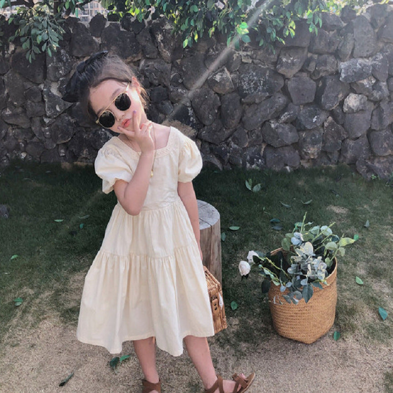 Girls Solid Choker Neck Gathered or Pleated Cotton A-Line Dress
