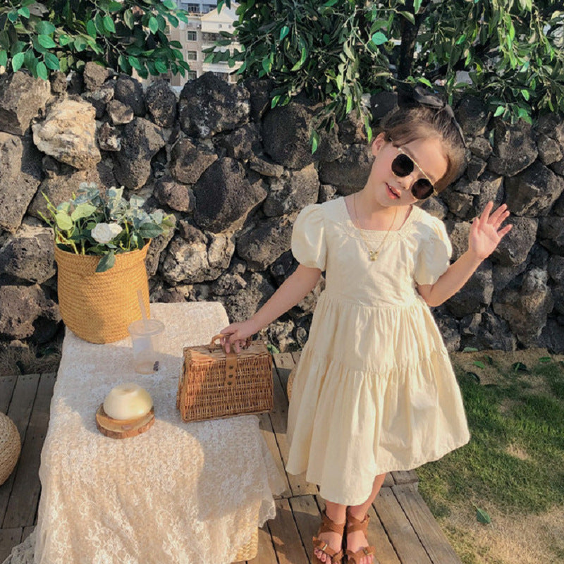 Girls Solid Choker Neck Gathered or Pleated Cotton A-Line Dress