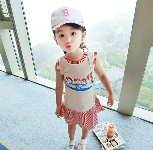 Girls Striped Applique T-shirt Midi Dress