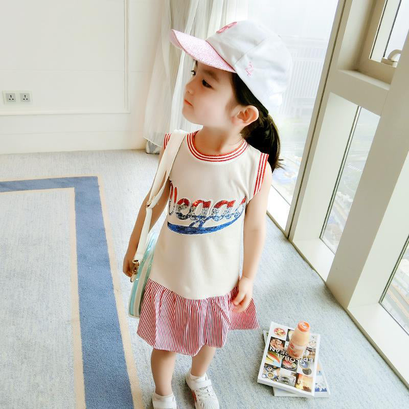 Girls Striped Applique T-shirt Midi Dress