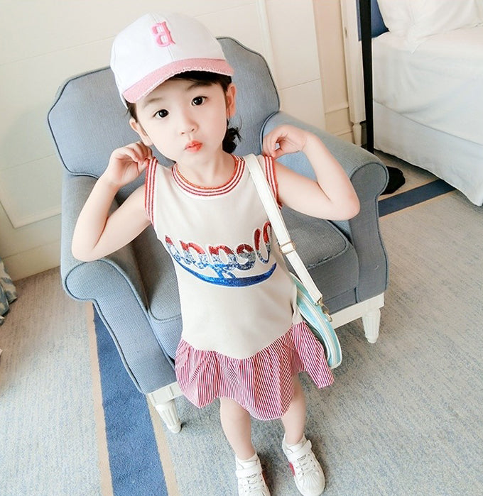 Girls Striped Applique T-shirt Midi Dress