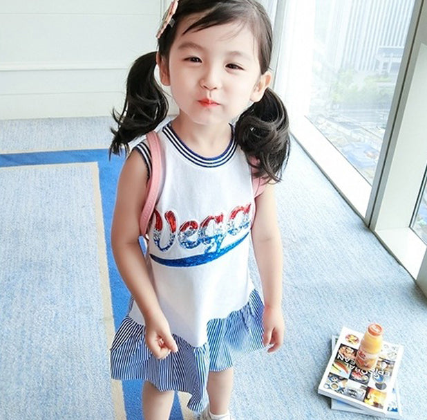 Girls Typography Striped Cotton Drop-Waist Midi Dress