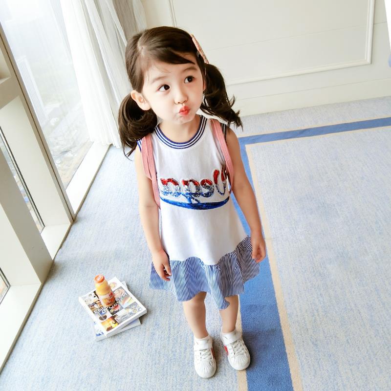 Girls Typography Striped Cotton Drop-Waist Midi Dress