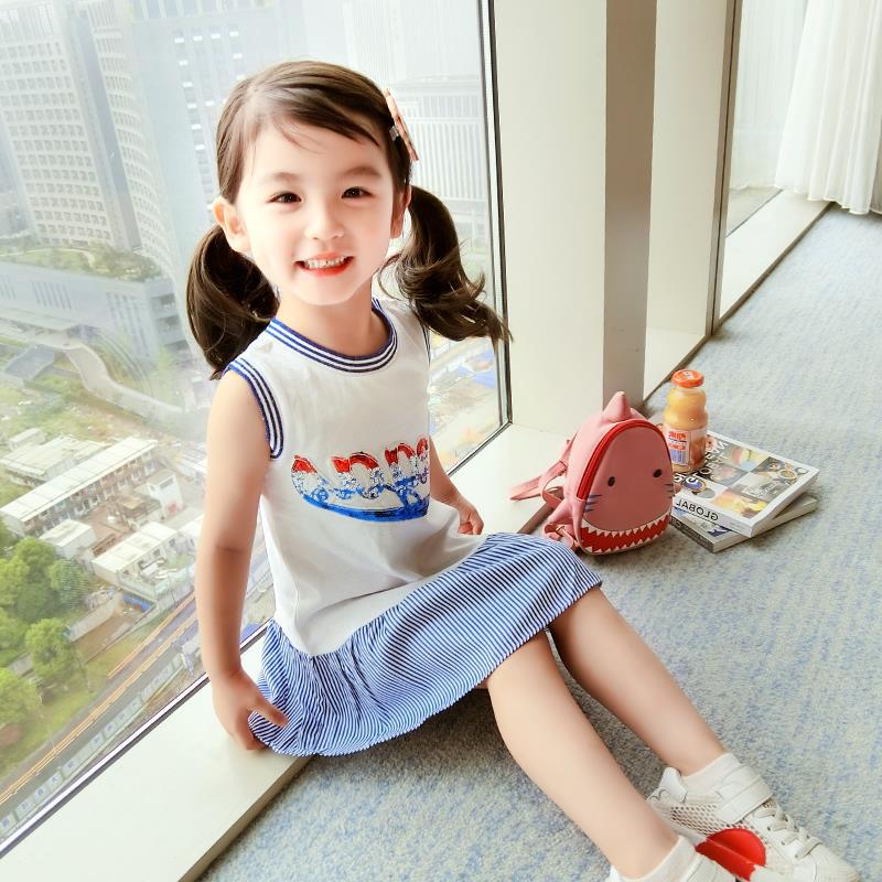Girls Typography Striped Cotton Drop-Waist Midi Dress