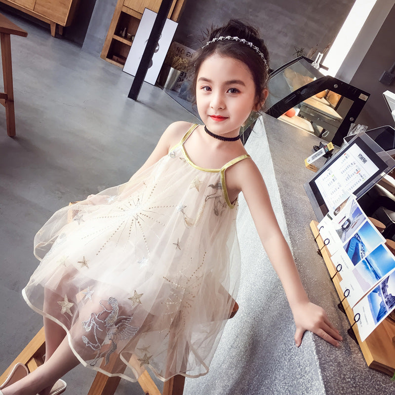 Girls Shoulder Straps Net A-Line Dress