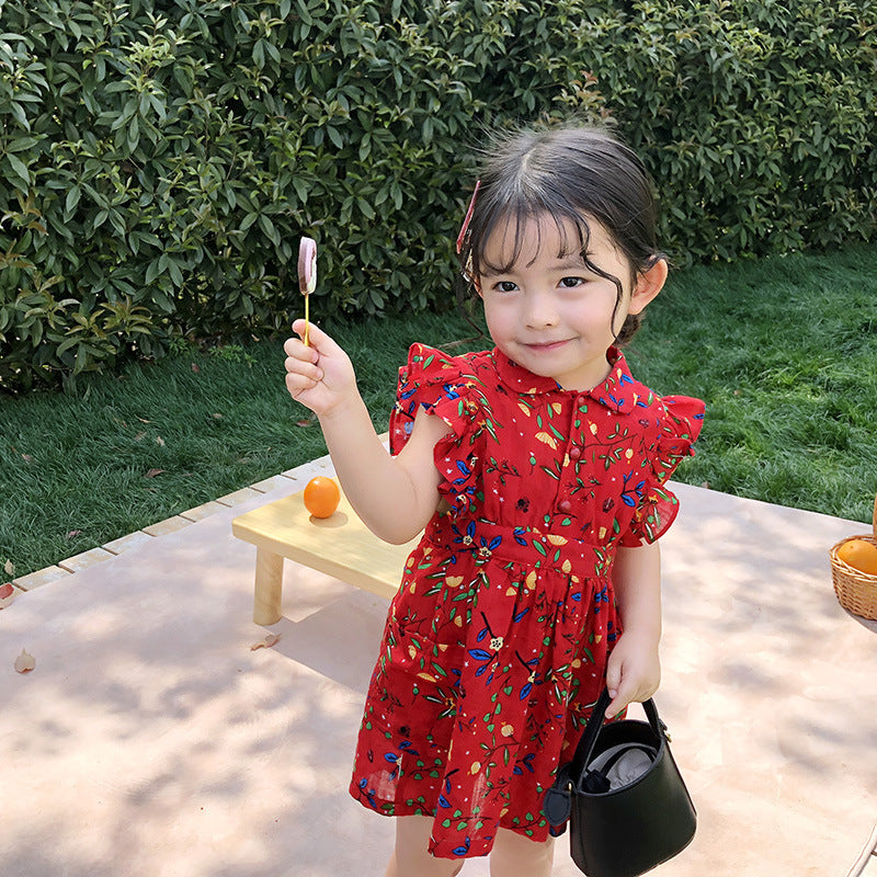 Girls Floral Printed Flared Sleeve A-Line Dress