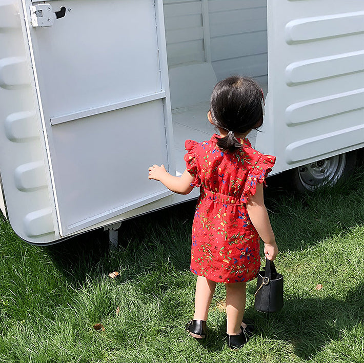 Girls Floral Printed Flared Sleeve A-Line Dress