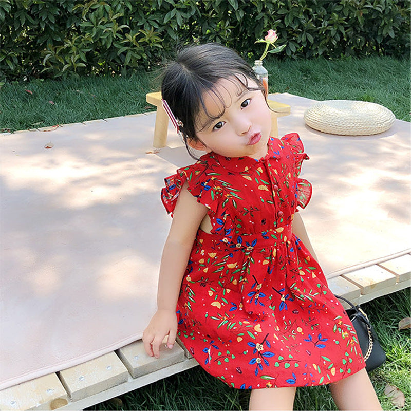 Girls Floral Printed Flared Sleeve A-Line Dress