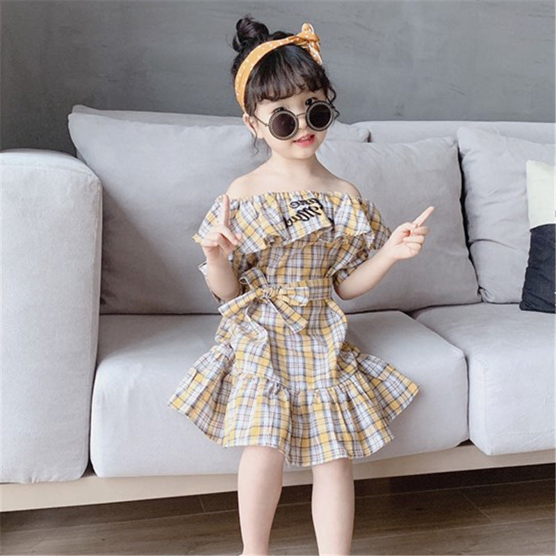 Girls Checked Off-Shoulder Fit and Flare Dress