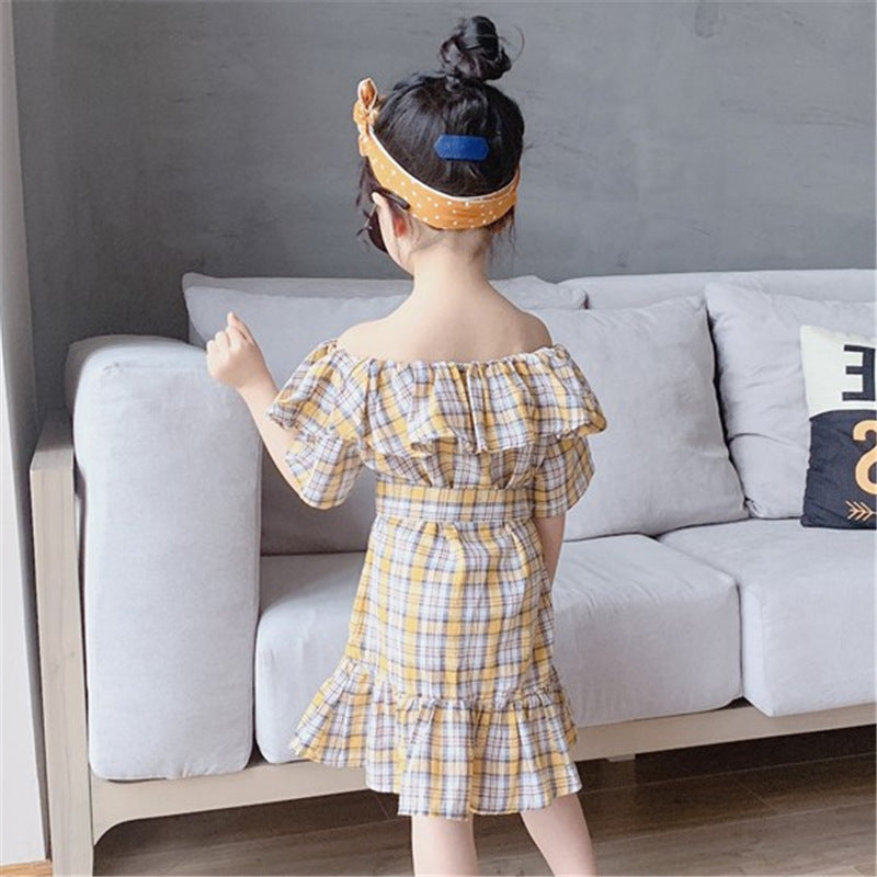 Girls Checked Off-Shoulder Fit and Flare Dress