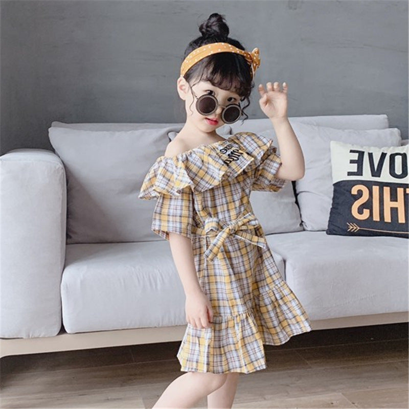 Girls Checked Off-Shoulder Fit and Flare Dress