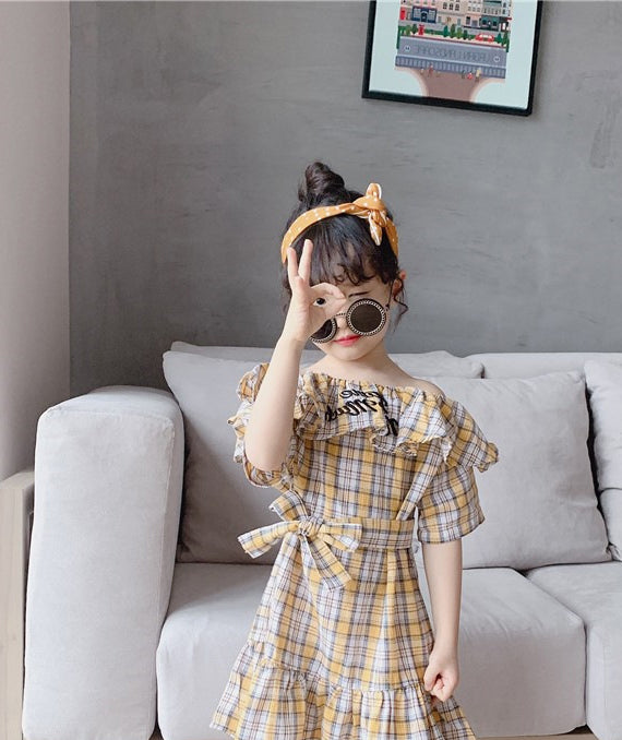 Girls Checked Off-Shoulder Fit and Flare Dress