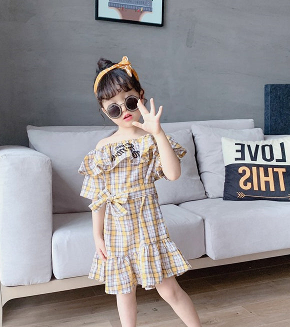 Girls Checked Off-Shoulder Fit and Flare Dress