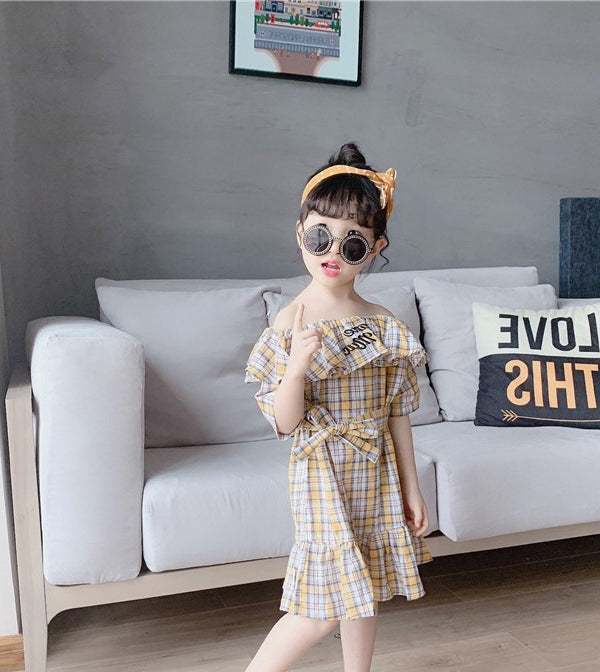 Girls Checked Off-Shoulder Fit and Flare Dress