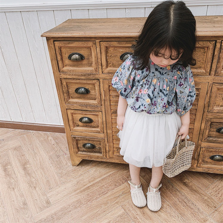 Girls Floral Print Shirt Collar Puff Sleeve A-Line Dress