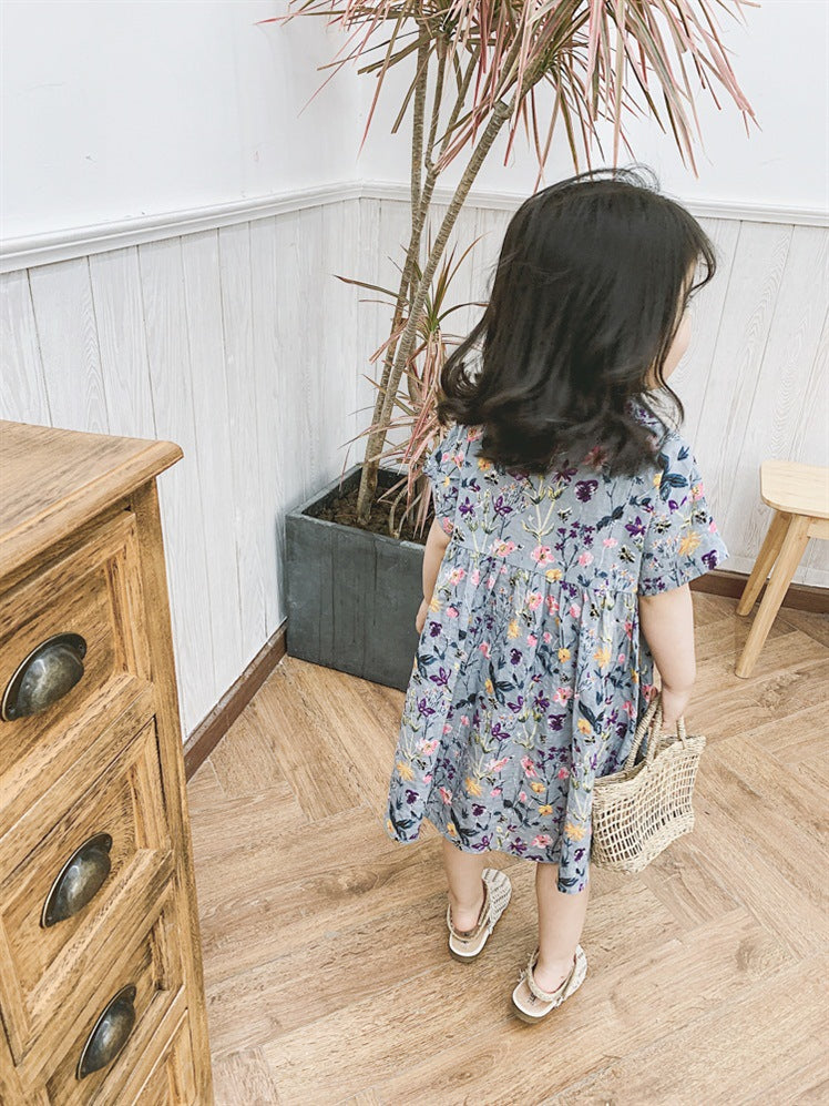 Girls Floral Print Shirt Collar Puff Sleeve A-Line Dress