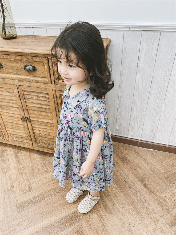 Girls Floral Print Shirt Collar Puff Sleeve A-Line Dress