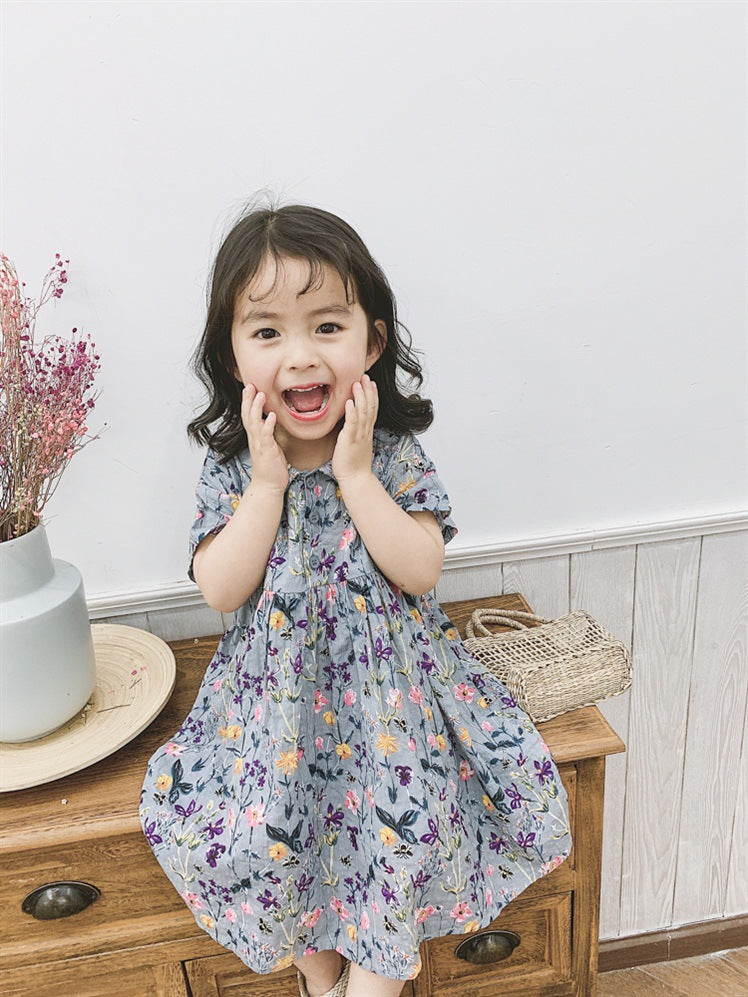 Girls Floral Print Shirt Collar Puff Sleeve A-Line Dress