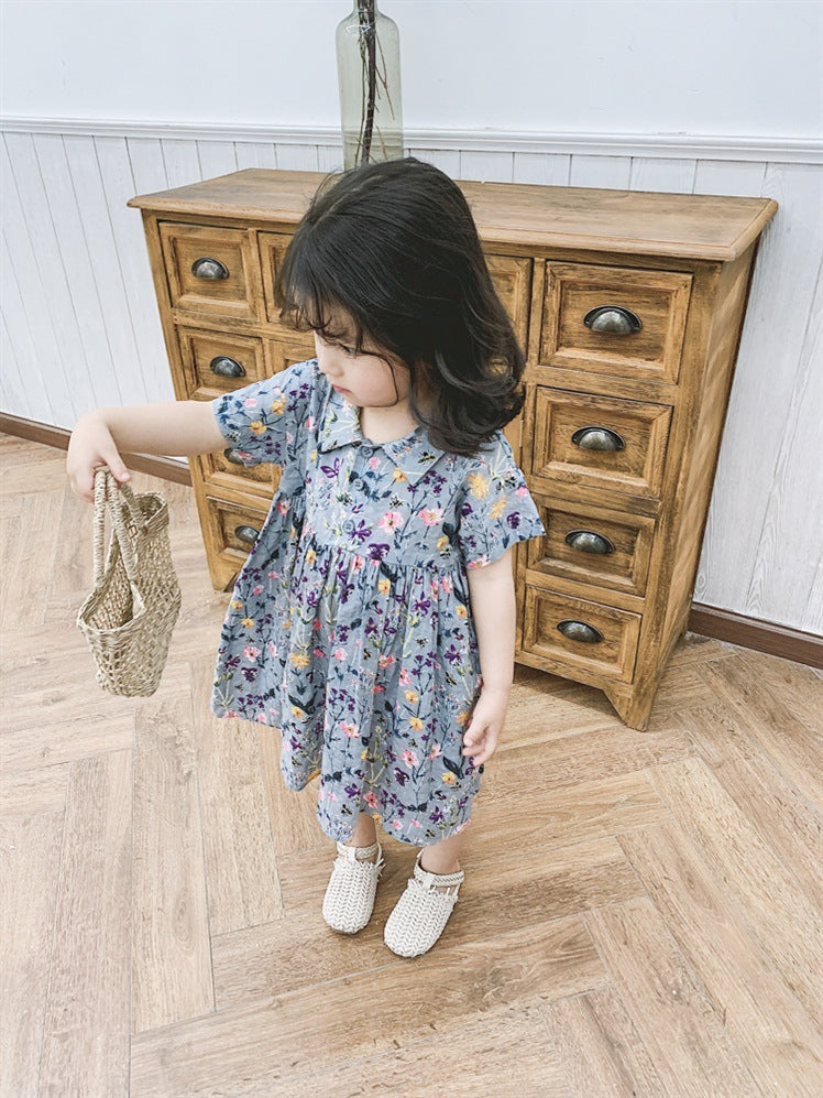 Girls Floral Print Shirt Collar Puff Sleeve A-Line Dress