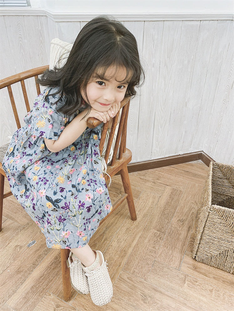 Girls Floral Print Shirt Collar Puff Sleeve A-Line Dress
