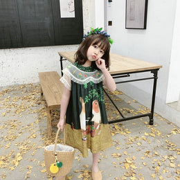 Girls Tropical Printed Round Neck Gathered or Pleated A-Line Dress