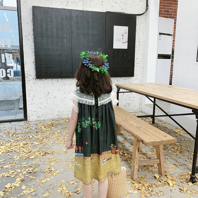 Girls Tropical Printed Round Neck Gathered or Pleated A-Line Dress