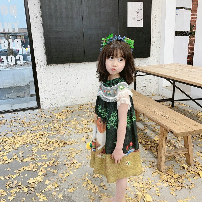 Girls Tropical Printed Round Neck Gathered or Pleated A-Line Dress