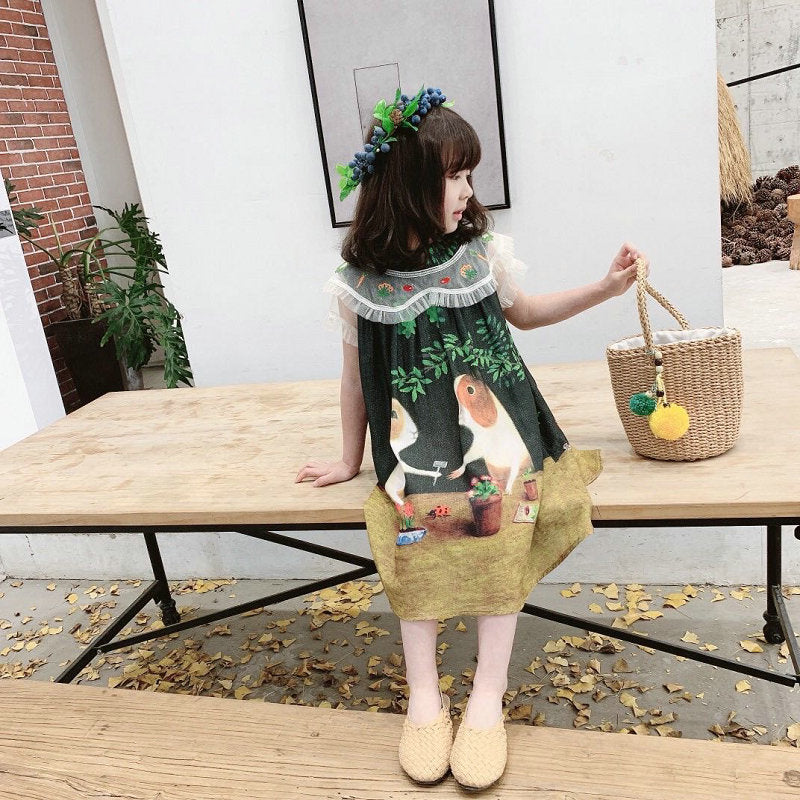 Girls Tropical Printed Round Neck Gathered or Pleated A-Line Dress