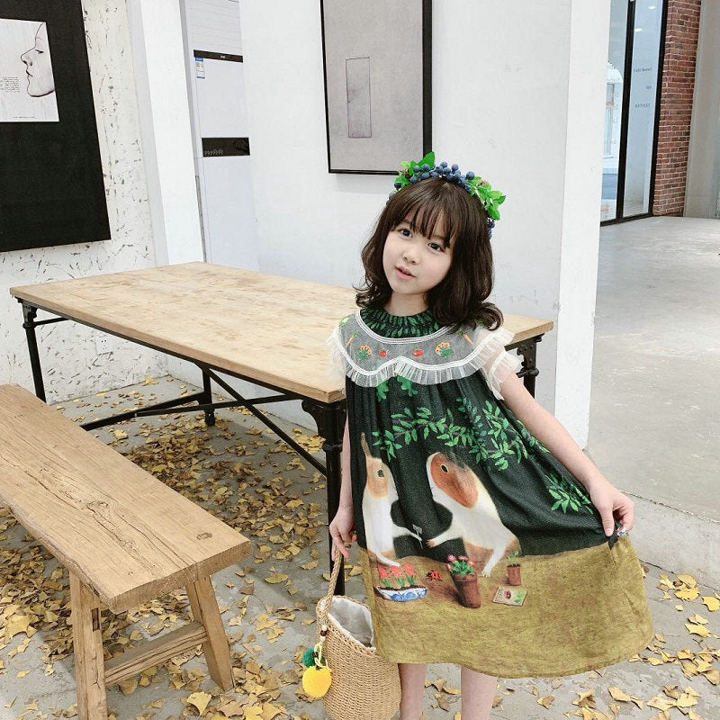 Girls Tropical Printed Round Neck Gathered or Pleated A-Line Dress