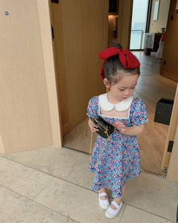 Girls Floral Printed Peter Pan Collar Puff Sleeve Cotton A-Line Dress
