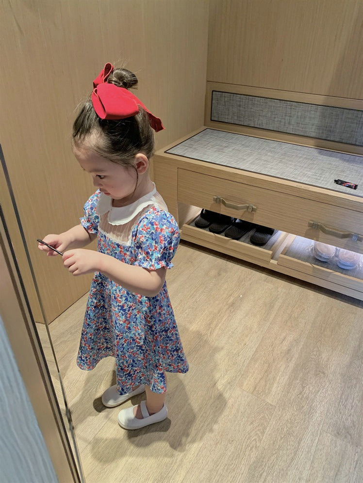 Girls Floral Printed Peter Pan Collar Puff Sleeve Cotton A-Line Dress