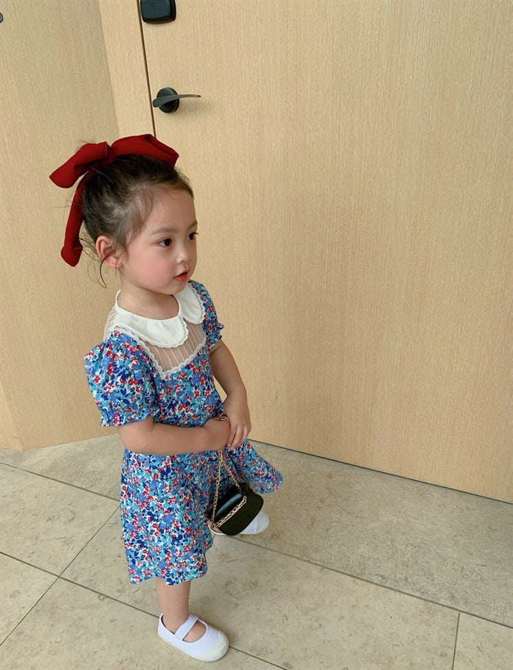 Girls Floral Printed Peter Pan Collar Puff Sleeve Cotton A-Line Dress