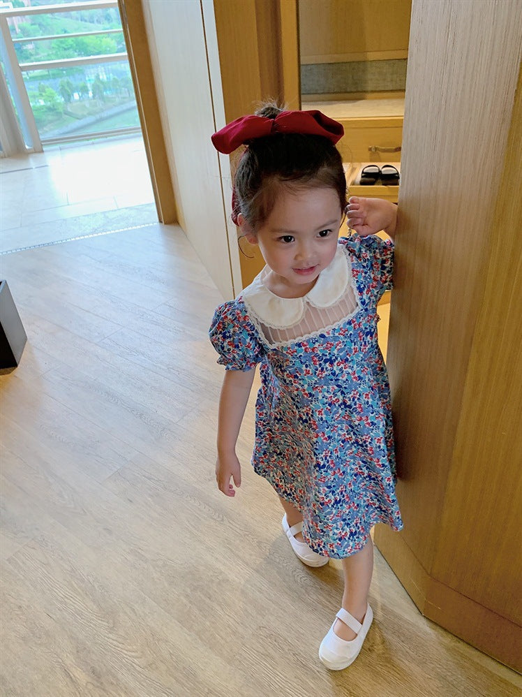 Girls Floral Printed Peter Pan Collar Puff Sleeve Cotton A-Line Dress
