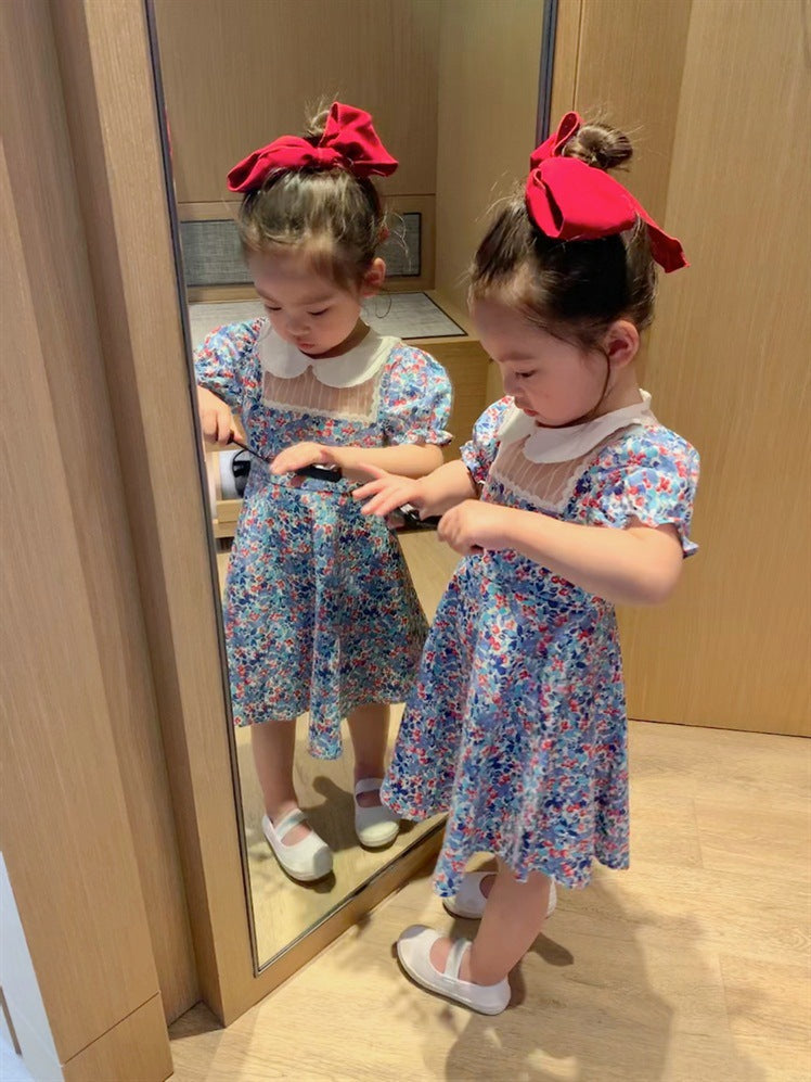 Girls Floral Printed Peter Pan Collar Puff Sleeve Cotton A-Line Dress