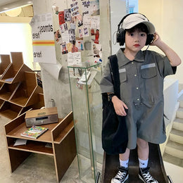 Boys Solid Shirt Collar Short Sleeves Capri Jumpsuit