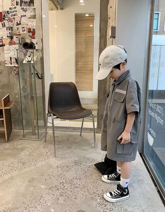 Boys Solid Shirt Collar Short Sleeves Capri Jumpsuit