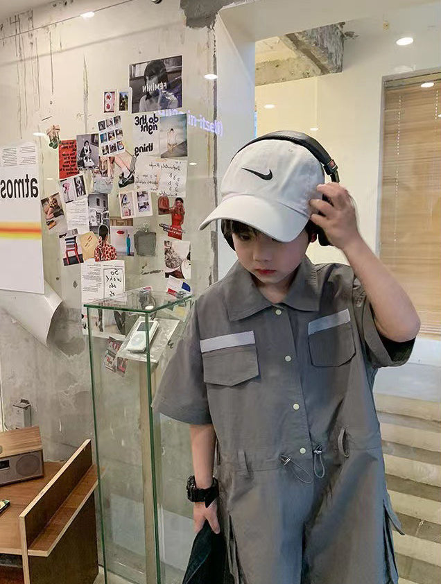 Boys Solid Shirt Collar Short Sleeves Capri Jumpsuit
