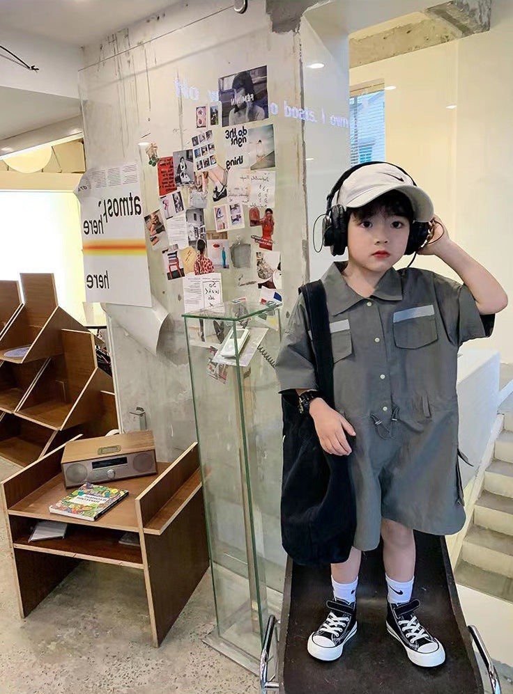 Boys Solid Shirt Collar Short Sleeves Capri Jumpsuit