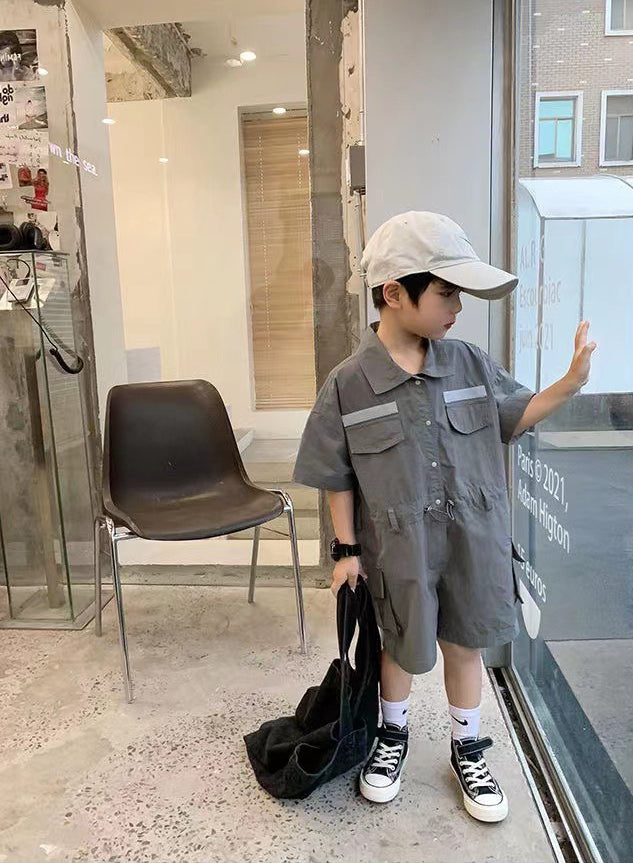 Boys Solid Shirt Collar Short Sleeves Capri Jumpsuit