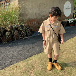 Boys Shirt Collar Cotton Capri Jumpsuit