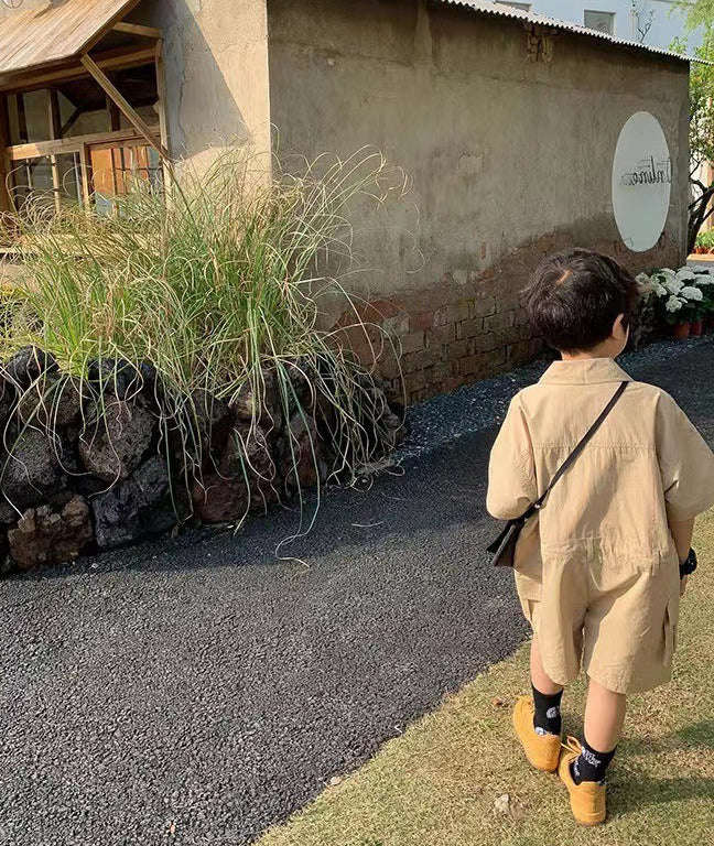 Boys Shirt Collar Cotton Capri Jumpsuit