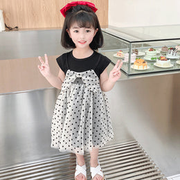 Girls Polka Dot Print Round Neck A-Line Dress