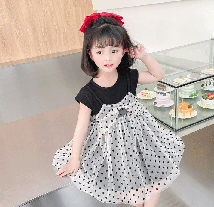 Girls Polka Dot Print Round Neck A-Line Dress
