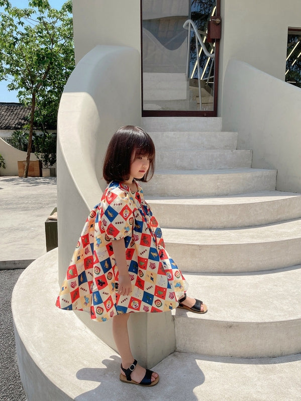 Girls Geometric Printed Round Neck Gathered or Pleated A-Line Dress