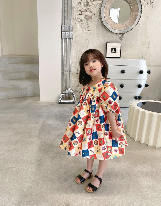 Girls Geometric Printed Round Neck Gathered or Pleated A-Line Dress