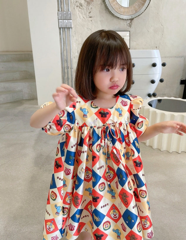 Girls Geometric Printed Round Neck Gathered or Pleated A-Line Dress