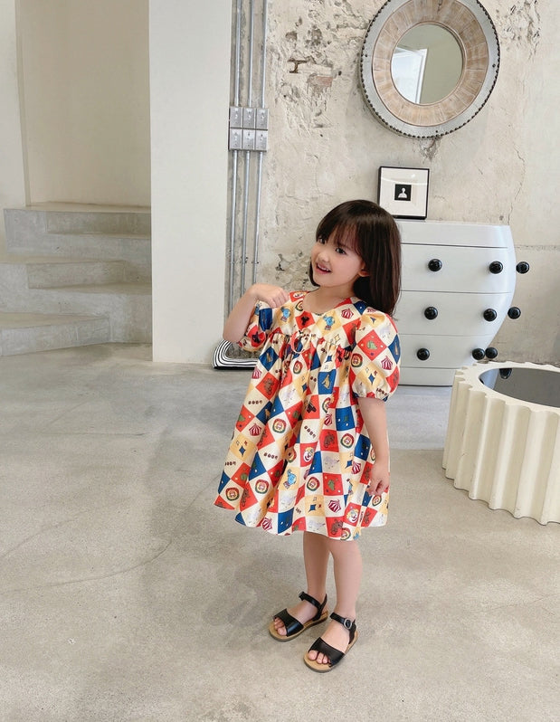 Girls Geometric Printed Round Neck Gathered or Pleated A-Line Dress