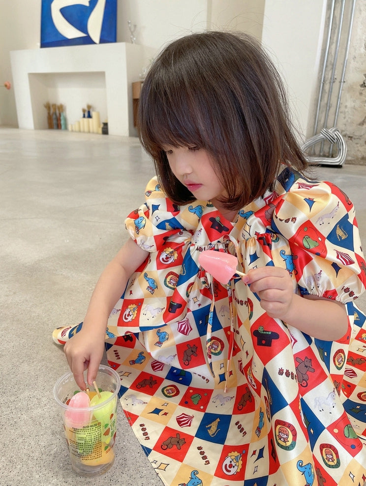 Girls Geometric Printed Round Neck Gathered or Pleated A-Line Dress