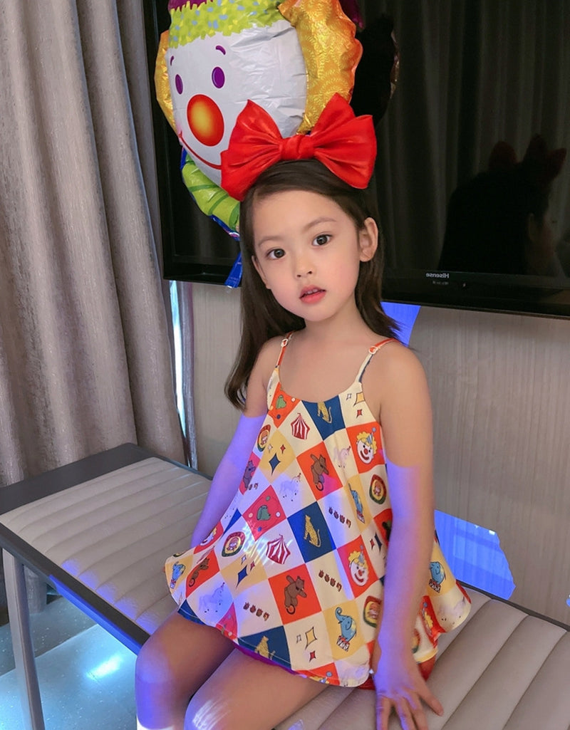 Girls Graphic Printed Gathered or Pleated Cotton A-Line Dress