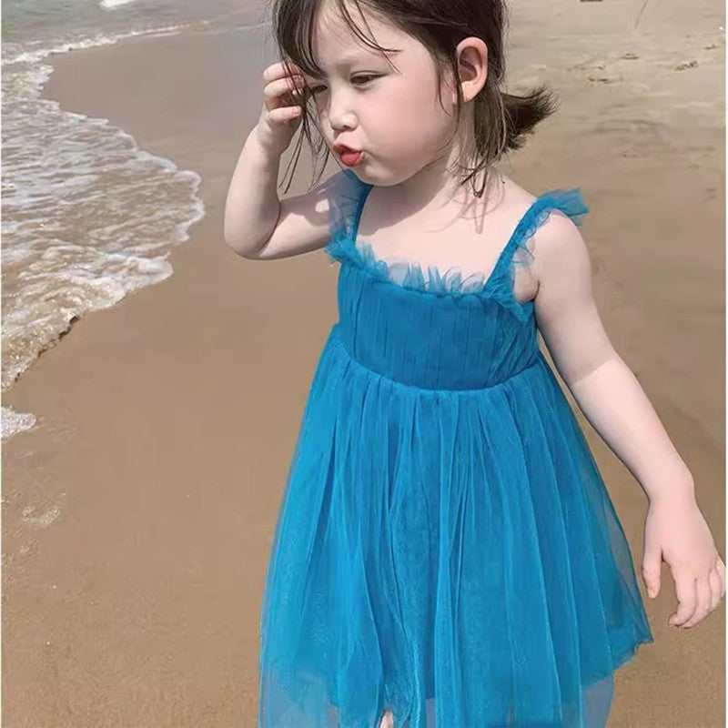 Girls Shoulder Straps Ruffled Fit & Flare Dress